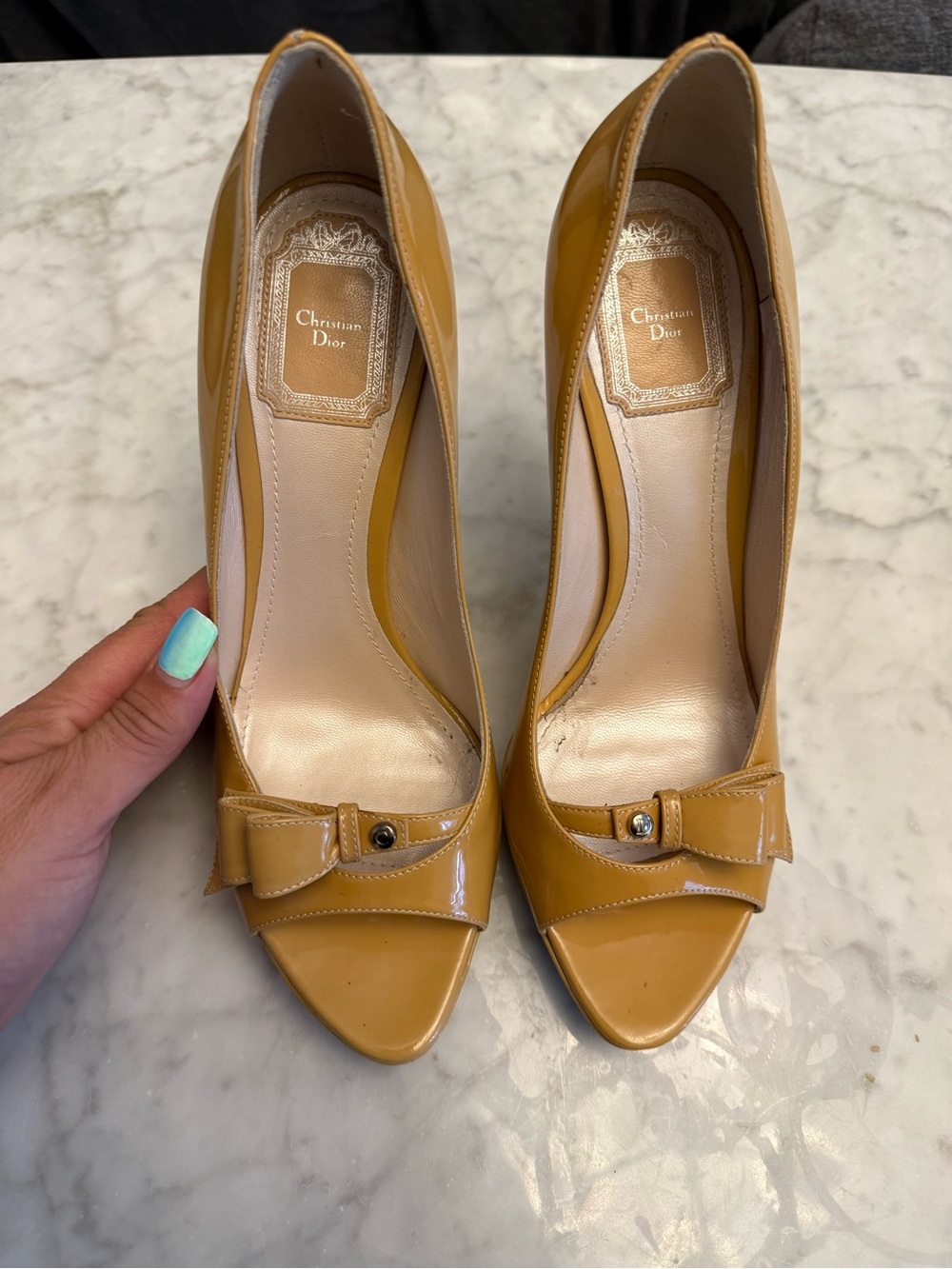 Dior Mustard Patent Leather Peep-Toe Heels with Bow Accent